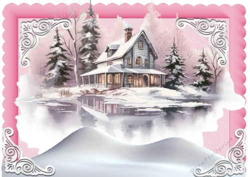 Lovely Pink Scalloped A4 Card With Snow Pretty Cottage