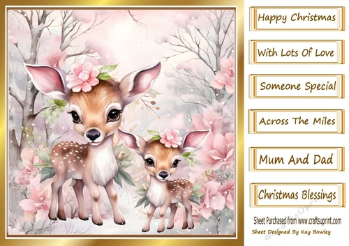 Cute Deers In The Snow With Pink Flowers 8x8