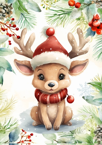Cute Deer In Red Berry & Holly A4 Frame