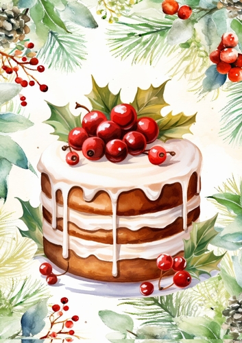 Yummy Christmas Cake In Red Berry & Holly A4 Frame