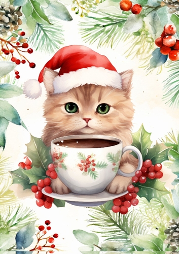 Cute Kitty In A Teacup Red Berry & Holly A4 Frame (One)