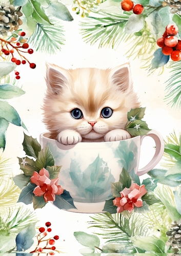 Cute Kitty In A Teacup Red Berry & Holly A4 Frame (Two)
