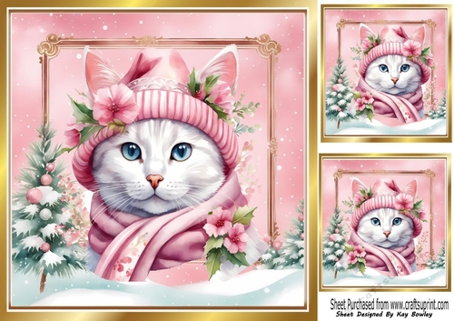 Lovely Cat in Hat & Scarf Pink Christmas 8x8 Frame (One)