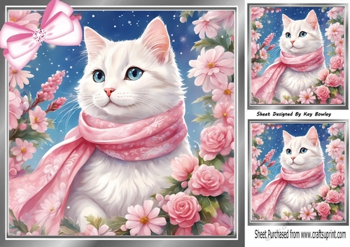 Lovely Cat In Silver 8x8 Frame With Pink Roses (Two)