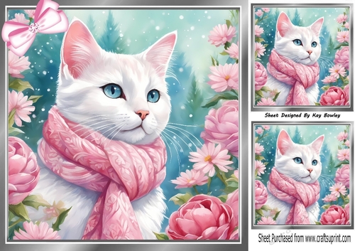 Lovely Cat In Silver 8x8 Frame With Pink Roses (Three)