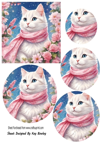 Lovely Cat In A Scarf Pink Roses Oval Pyramids