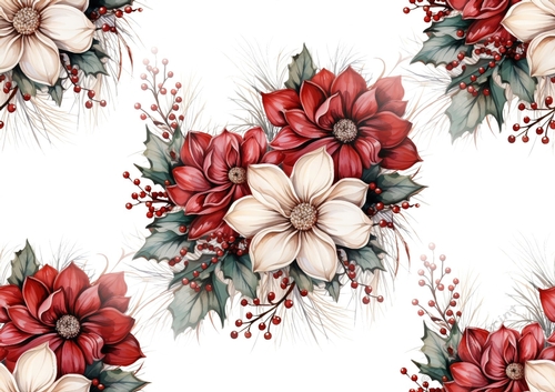 Pretty Winter Flowers With Red Berries Backing Paper (BIG)
