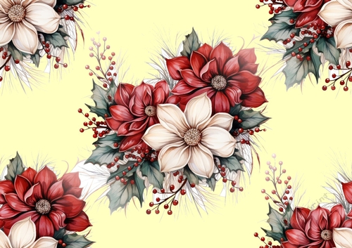 Pretty Winter Flowers With Red Berries Cream Backing Paper (BIG)