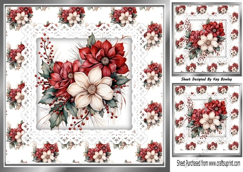 Pretty Winter Flowers/ Red Berries On Lace With Backing Paper 8x8 Card