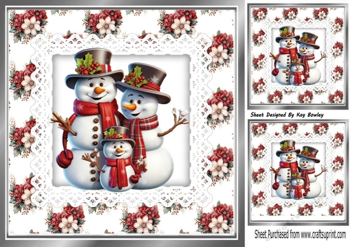 Pretty Winter Flowers With Snowmen Family On Lace/ Backing Paper 8x8 Card