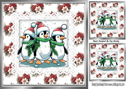 Pretty Winter Flowers With Penguins On Lace/ Backing Paper 8x8 Card
