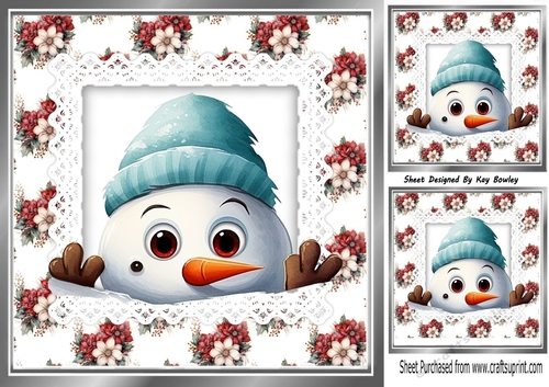 Pretty Winter Flowers With Peeking Snowman On Lace 8x8 Card