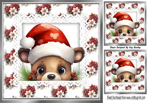 Pretty Winter Flowers With Peeking Teddy On Lace 8x8 Card