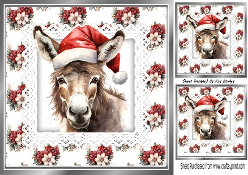 Pretty Winter Flowers With Donkey In Santa Hat On Lace 8x8 Card