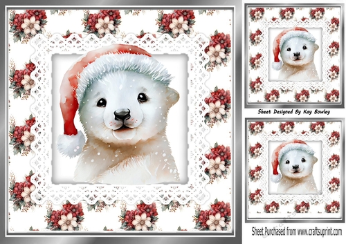 Pretty Winter Flowers With Polar Bear In Santa Hat On Lace 8x8 Card