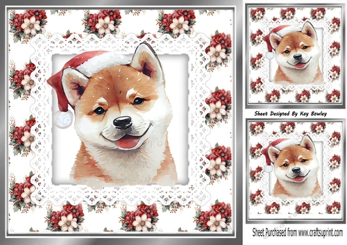 Pretty Winter Flowers With Fox In Santa Hat On Lace 8x8 Card