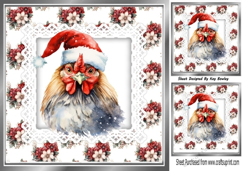 Pretty Winter Flowers With Chicken In Santa Hat On Lace 8x8 Card