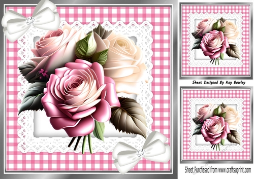 Pretty Pink Gingham and lace With Roses & Bows 8x8 (One)