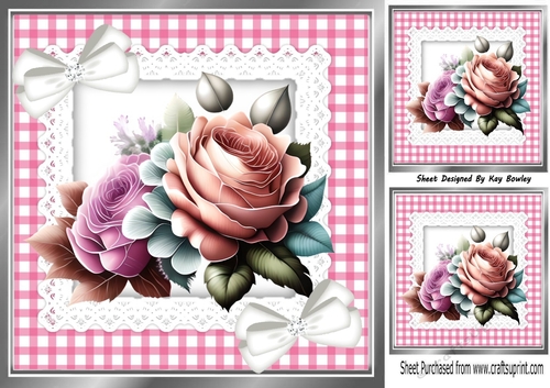 Pretty Pink Gingham and lace With Roses & Bows 8x8 (Two)