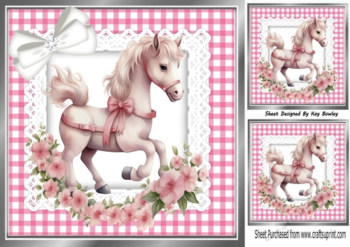 Pretty Pink Gingham and lace, Horse With Flowers & Bows 8x8