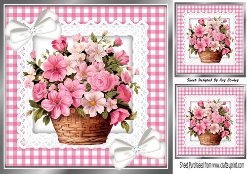Pretty Pink Gingham and lace, Basket Of Flowers Flowers & Bows 8x8