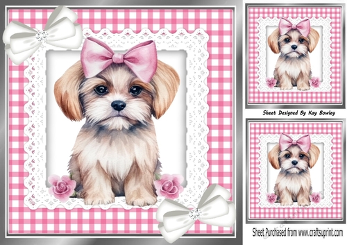 Pretty Pink Gingham and lace, Puppy With Flowers & Bows 8x8