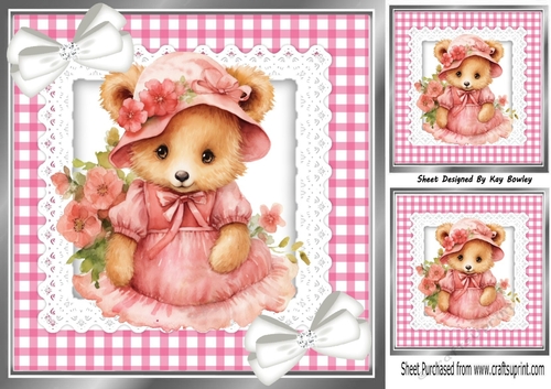 Pretty Pink Gingham and lace, Teddy With Flowers & Bows 8x8
