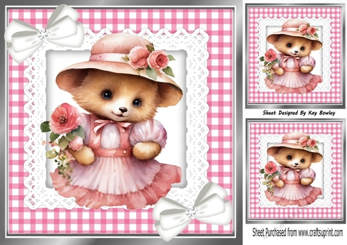 Pretty Pink Gingham and lace, Teddy Bear & Bows 8x8