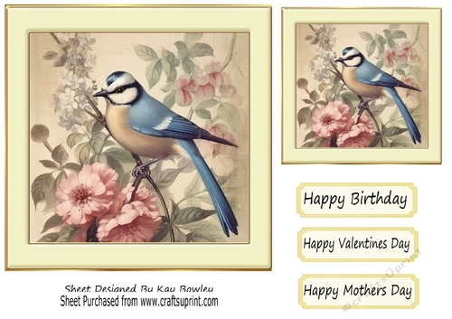 Pretty Blue Bird, Pink Flowers, Cream 7x7 One