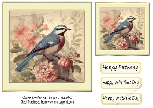 Pretty Blue Bird, Pink Flowers, Cream Frame 7x7 Two