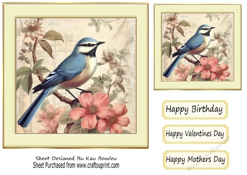 Pretty Blue Bird, Pink Flowers, Cream Frame 7x7 Four
