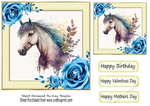 Pretty Horse, Blue Roses, Cream Frame 7x7 One