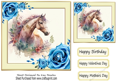 Pretty Horse, Blue Roses, Cream Frame 7x7 Two