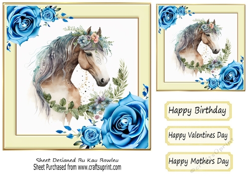 Pretty Horse, Blue Roses, Cream Frame 7x7 Three