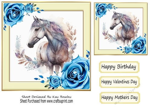Pretty Horse, Blue Roses, Cream Frame 7x7 Four