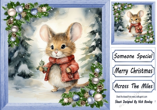 Cute Christmas Mouse In Scarf With Blue Baubles 8x8 Four