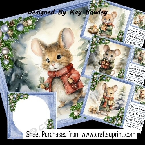  4 Cute Christmas Mice With Blue Baubles 8x8 Card/Fronts Mini kit