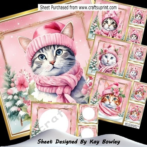  4 Lovely Cats In Hats & Scarves Pink Christmas 8x8 Card Fronts Mini Kit