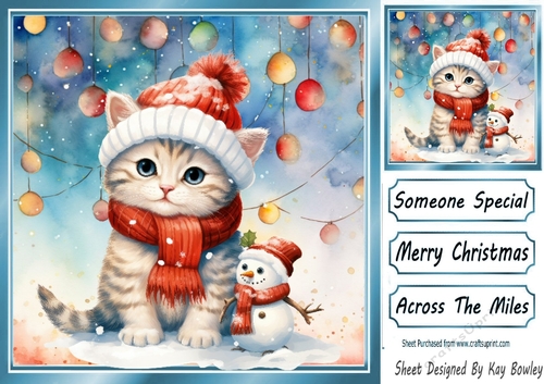 Cute Kitten With Snowman In Santa Hat With Baubles 8x8 Four
