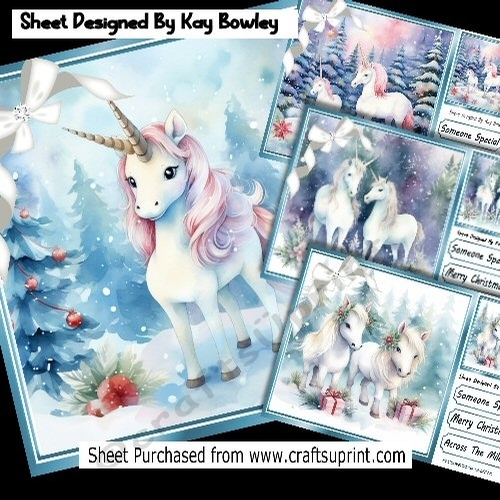 4 Cute Unicorns In Winter Scene 8x8 Cards Mini Kit