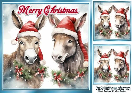 Lovely Christmas Donkeys In Santa Hats 8x8 Card Front Two