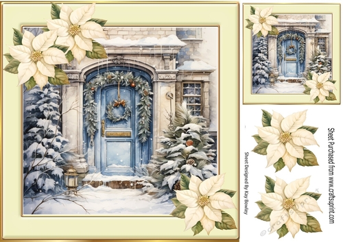 Lovely Blue Front  Door With Cream Poinsettias Christmas Scene 8x8 (One)