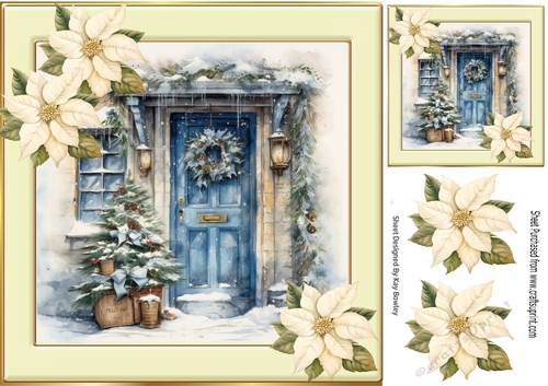 Lovely Blue Front  Door With Cream Poinsettias Christmas Scene 8x8 (Two)