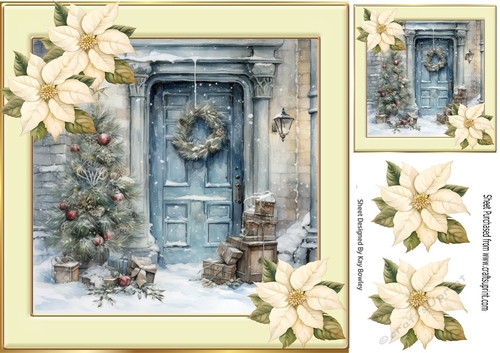 Lovely Blue Front  Door With Cream Poinsettias Christmas Scene 8x8 (Three)