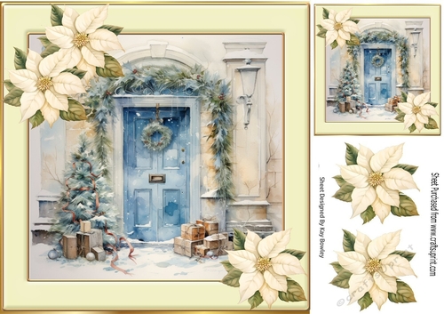 Lovely Blue Front  Door With Cream Poinsettias Christmas Scene 8x8 (Four)