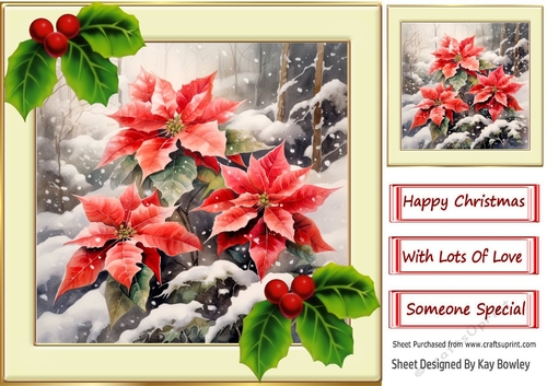 Red Poinsettias In The Winter With Holly 8x8 Cream/Gold Frame (Three)