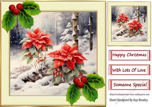 Red Poinsettias In The Winter With Holly 8x8 Cream/Gold Frame (Four)