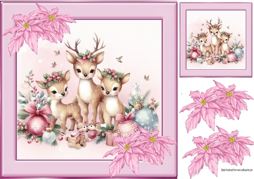 Pretty Deers With Pink Poinsettias 8x8 (one)