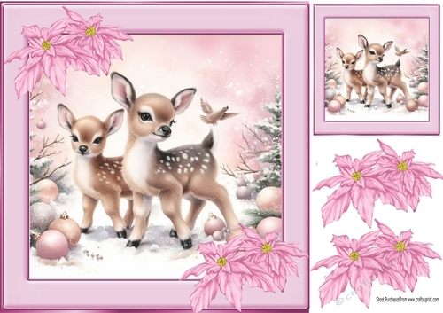 Pretty Deers With Pink Poinsettias 8x8 (Two)