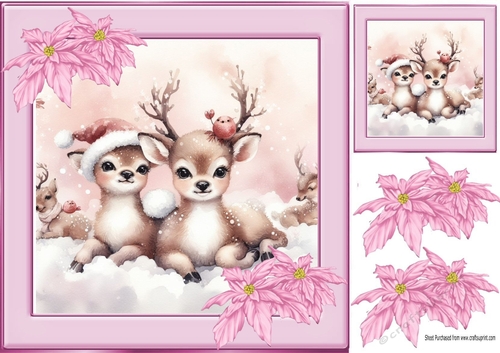 Pretty Deers With Pink Poinsettias 8x8 (Three)
